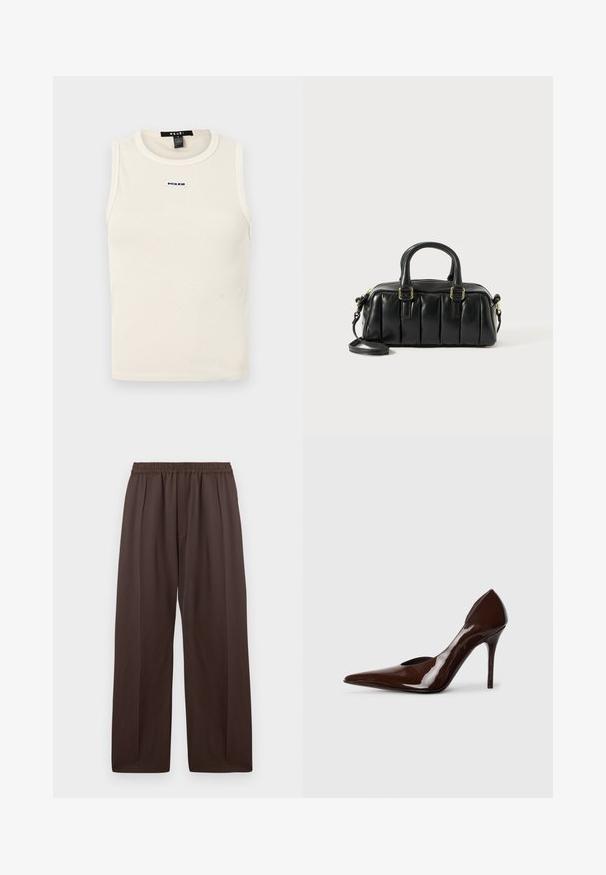 Svetlo béžový rebrovaný tielko s okrúhlym výstrihom a bezrukávovým dizajnom. Na prednej strane sa nachádza malé modré logo.; Hnedé nohavice so širokými nohavicami, elastickým pásom a jemnými prednými záhybmi, položené na bielom pozadí.; Hnedé lakované lodičky na vysokom podpätku s špicatou špičkou a výrezmi po stranách, so štíhlym podpätkom a hladkým povrchom.; Čierna kožená kabelka s nadýchaným dizajnom, dvoma krátkymi ušami a odnímateľným ramenným popruhom. Pozlátené kovové detaily.