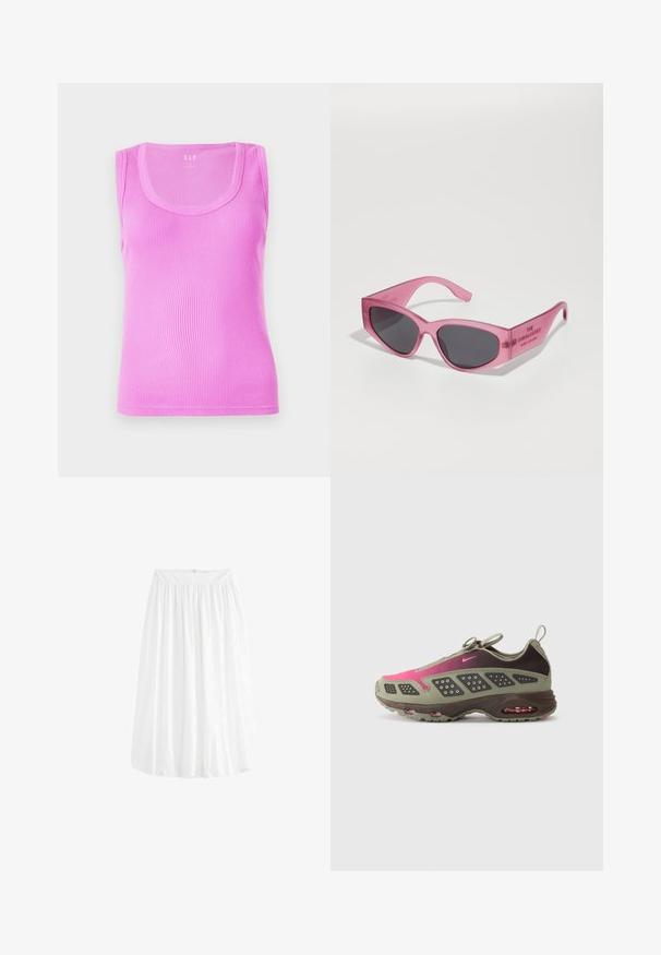 Heled roosa ribadega tiheda lõikega tank top, ümmarguse kaelusega, ilma varrukateta, valmistatud venivast puuvillast kangast.; Valge, põlvini ulatuv seelik, mis on valmistatud kergest kangast. Omab elastset vöökohta, mis tagab reguleeritava sobivuse, ja pehmet langevat lõike.; Sportlik king featuring oliivroheline ja tumepruun materjalide segu roosa aktsendiga. Tekstureeritud pealis ja nähtav õhkpadjandus tallas.; Roosa läbipaistev prilliraam, teravate katki-kassi silmade kujuga, tumedate läätsedega ning kupli küljes on graveeritud tekst "PRILLID."