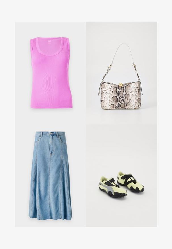 Světle růžový žebrovaný tílko s kulatým výstřihem, bez rukávů a přiléhavým střihem, vyrobené z elastické bavlny.; Svetle modrá džínsová sukně s rozšířeným stylem, s bytelným zapínáním na knoflík, poutek na opasek a svislým švem. Délka sukně po lýtka.; Obuv s lehce žlutým svrškem a černými akcenty, bezpečným popruhem a texturovanou černou gumovou podrážkou. Navržena pro trakci a podporu.; Kabelka z tisku na plochu Python s bílým koženým popruhem. Obsahuje zlaté kovové detaily a strukturovaný design, který ukazuje embosované šupiny a zapínání.