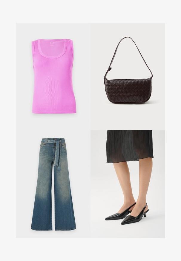 Heled roosa ribadega tiheda lõikega tank top, ümmarguse kaelusega, ilma varrukateta, valmistatud venivast puuvillast kangast.; Laiad denimpüksid, millel on hele tume sinine gradiendiefekt, kõrge vöökoht, vöökumlid ja sobivast kangast vöö. Struktureeritud denimi viimistlus.; Mustad, terava nina ja läikiva viimistlusega slingback kontsad, millel on kitsas konts ja avatud selg. Ülemine materjal on tekstuuriga.; Kootud nahast õlavarre kott tumepruunis, kumerate joontega, reguleeritava rihmaga ja siledas viimistluses. Kompaktne disain, millel pole nähtavat riistvara.