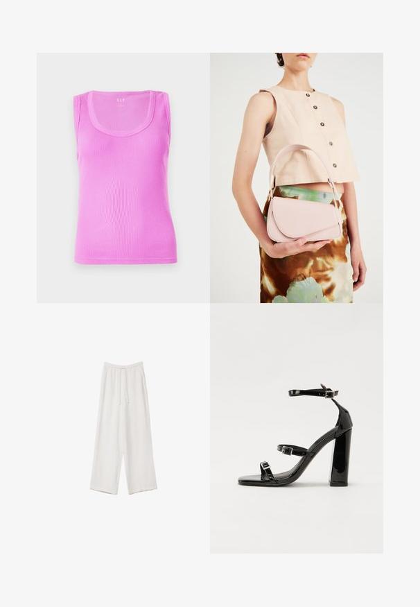 Svetlo rožnata rebrasta majica brez rokavov z zaobljenim izrezom in prilegajočim krojem, izdelana iz raztegljive bombažne tkanine.; Bele široke hlače iz lahkega materiala. Imajo elastičen pas s vrvico in stranske žepe. Gladka tekstura.; Črne lakirane sandale s peto, kvadratnim prstom, trakovi okrog gležnja in srebrnimi zaponkami. Opremljene so s stabilno Debelo peto.; Roza usnjena torbica s ukrivljenim poklopcem, enim naramnim trakom in čistimi linijami. Torbica se ponaša z gladko teksturo in minimalističnim dizajnom.