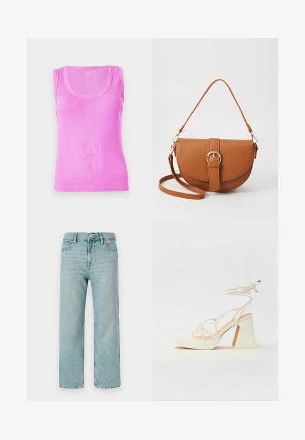 Lichtroze geribde tanktop met een ronde halslijn, mouwloos ontwerp en een aansluitende pasvorm, gemaakt van rekbare katoen.; Lichtblauwe wijde jeans van denim, met een klassieke vijf-pocketontwerp, strakke lijnen en een normale tailleband met een knoopsluiting.; Witte hoge hakken sandaal met een chunky hak, met een bandjesontwerp en enkelband. Gladde textuur met een plateau voor extra hoogte.; Bruine leren schoudertas met een gebogen vorm, gouden hardware en een gespaccent. Bevat een afneembare schouderriem.
