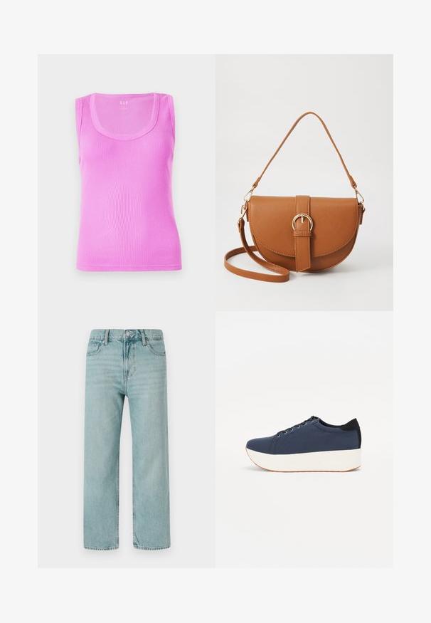 Light pink ribbed tank top with a rounded neckline, sleeveless design, and a fitted shape, made from stretchy cotton fabric.; Light blue wide-leg jeans made from denim, featuring a classic five-pocket design, clean lines, and a regular waistband with a button closure.; Navy blue sneaker with a textured fabric upper, white platform sole, rounded toe, and black heel accent. Features six eyelets for laces.; Brown leather crossbody bag with a curved shape, gold hardware, and a buckle accent. Features a detachable shoulder strap.