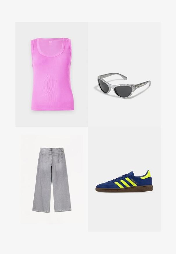 Top senza maniche di un rosa chiaro, con scollatura arrotondata e un design aderente, realizzato in tessuto di cotone elasticizzato.; Bershka WIDE-LEG - Wide Leg - grey; Sneaker blu in suede con accenti gialli e tre strisce; presenta una suola in gomma marrone e branding ricamato sul lato.; Occhiali da sole cat-eye argentati con lenti scure, abbelliti con accenti di gemme trasparenti lungo la montatura. Finitura opaca con design delle stanghette curvo.