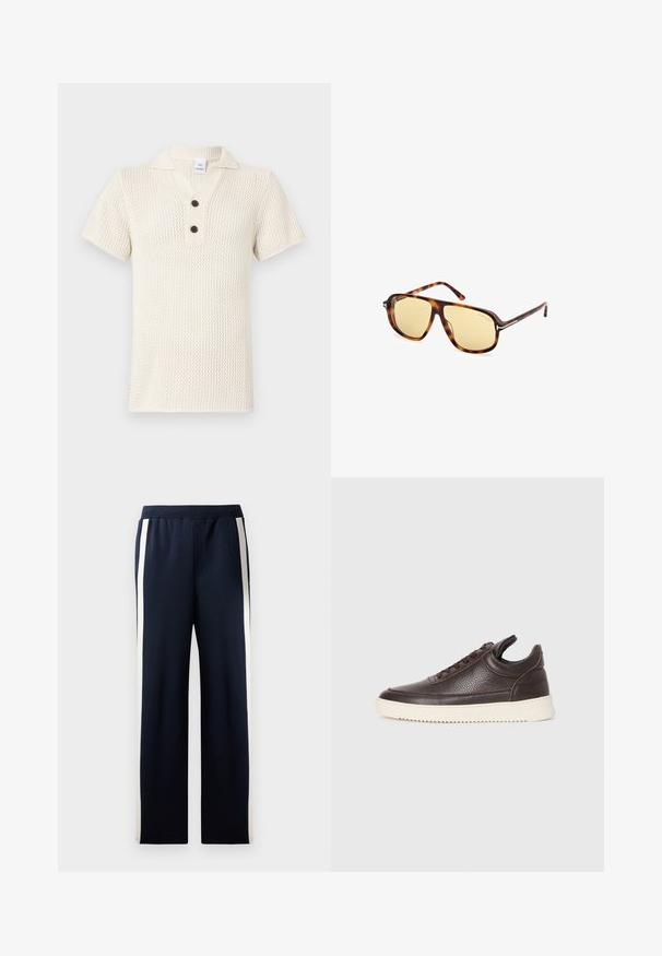 Gebreide polo in off-white met een gestructureerd patroon, korte mouwen en een drie-knopenblaadje met contrasterende zwarte knopen.; Navy sweatpants met een wijd beenontwerp, voorzien van verticale crèmekleurige strepen langs de zijkanten. Gemaakt van zachte, gestructureerde stof met een elastische tailleband.; Donkerbruin gestructureerd leren sneaker met vetersluiting en een witte gegroefde rubberen zool tegen een effen lichte achtergrond.; Zonnebril met een schildpadprint acetaat frame, gele getinte lenzen, vierkante vorm en metalen accenten op de pootjes.