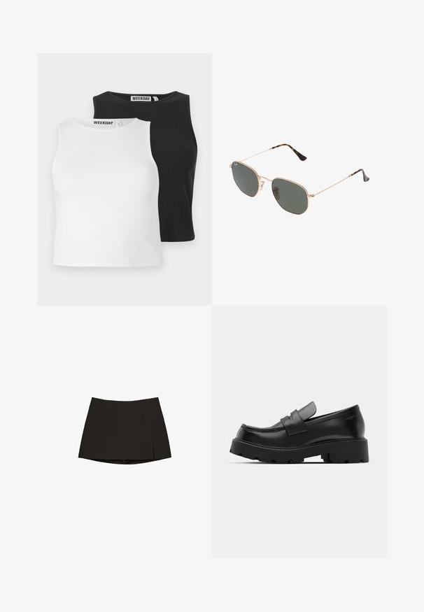 Dve brezrokavne rebraste majice v beli in črni barvi, s krožnimi izrezanimi ovratniki in redno prileganje. Oznake so vidne na ovratniku.; Črna mini krila s ravnim krojem in rahlo stransko odprtino. Narejena iz gladkega materiala, ima čist rob in minimalističen dizajn.; Črne usnjene loafer čevlje z masivnim teksturiranim podplatom, opremljene z naramnico nad vampom in gladko, polirano površino.; Sončna očala z zlatim kovinskim okvirjem in temno zelenimi lečami, aviatorskega sloga, z vitekimi ročaji in želvovim vzorcem na konicah.