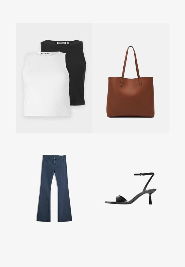 Dvě bezrukávové žebrované topy v bílé a černé barvě, s kulatými výstřihy a standardním střihem. Nálepky viditelné na výstřihu.; Tmavě modré rozšířené džíny z denimu s prošitými kapsami, zapínáním na knoflík a hladkým povrchem. Obsahují klasický design s pěti kapsami.; Bershka Sandály na vysokém podpatku - black; Hnědá kožená taška přes rameno s hladkou texturou, otevřeným designem a dvěma ramenními popruhy. Obsahuje minimální švy a žádné viditelné kovové prvky.