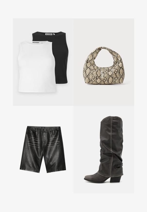 Dva bezrukavnih rebrastih topa u bijeloj i crnoj boji, sa okruglim izrezima i regularnim krojem. Oznake su vidljive na izrezu.; Crne kratke hlače od umjetne kože s glatkom teksturom, pet džepova i suptilnim prugastim detaljima sprijeda. Klasični ravni kroj.; Sive kožne čizme do potkoljenice sa opuštenim dizajnom, šiljastim vrhom i složenim potplatom. Primjetna šavova na području vrha.; Torba s uzorkom zmije s zakrivljenom drškom. Izrađena od teksturiranih materijala u bež i smešnim tonovima, sa karakterističnim dijamantnim uzorkom.