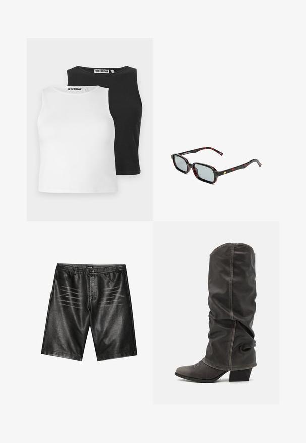 Deux tops sans manches en maille côtelée, en blanc et en noir, avec des encolures rondes et une coupe normale. Étiquettes visibles au niveau de l'encolure.; Shorts en simili cuir noir avec une texture lisse, cinq poches et de discrets détails rayés à l'avant. Design classique à coupe droite.; Bottines en cuir gris hauteur mollet avec un design décontracté, bout pointu et talon empilé. Détails de couture remarquables sur la zone des orteils.; Lunettes de soleil avec des montures rectangulaires noires et rouges, des verres gris et un accent doré sur la branche. Le design est élégant et moderne.; Sac à main en motif serpent avec une poignée incurvée. Fabriqué à partir de matériaux texturés beiges et bruns, présentant un motif en diamant distinctif.