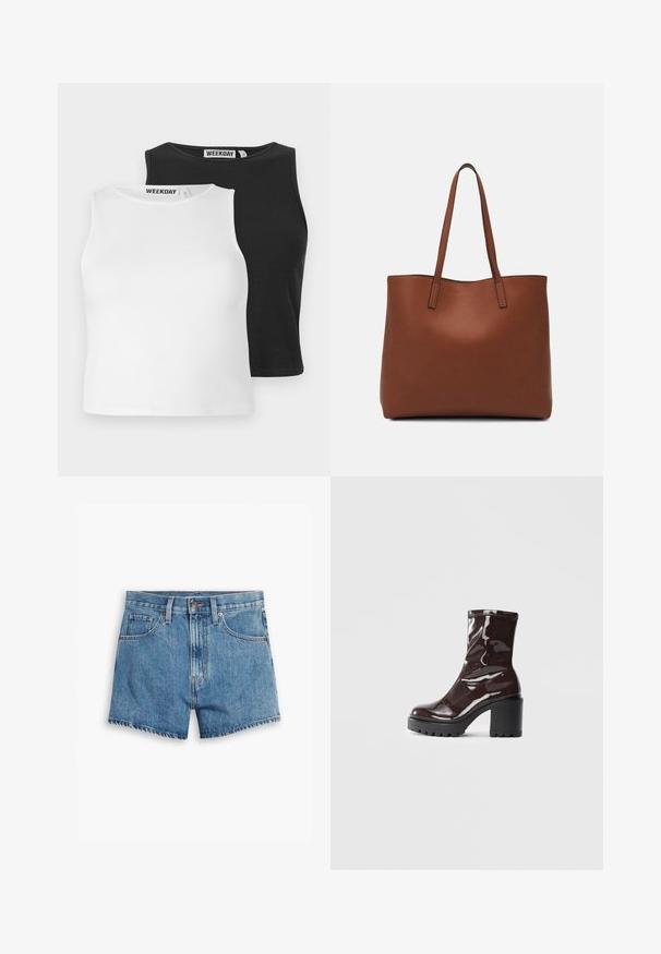To ribbestrikkede ermeløse topper i hvit og svart, med runde halsutskjæringer og vanlig passform. Lappene er synlige ved halsen.; Lys blå denimshorts med fem lommer, glidelås og knappefeste. Bunnkanten er slitt med et avslappet passformdesign.; Glinsende burgunder ankelstøvel med en kraftig svart hæl, med en glatt tekstur og enkelt design. Ingen synlige lukkinger eller mønstre.; Brun lær tote veske med en jevn tekstur, åpen toppdesign og to skulderstropper. Har minimal søm og ingen synlige spiker.
