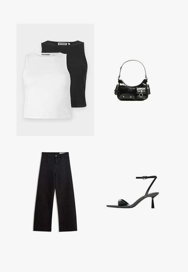 Două topuri fără mâneci, ribbate, în alb și negru, cu decolteu rotund și o croială obișnuită. Etichete vizibile la decolteu.; Pantaloni din denim negri cu picioare largi, cu talie înaltă, având buzunare frontale și posterioare, cusături dublate și închidere cu nasture. Textură netedă.; Bershka Sandale cu toc - black; Geantă de mână din piele lăcuită neagră, cu o formă curbată, un umăr, buzunare frontale și accente din metal argintiu.