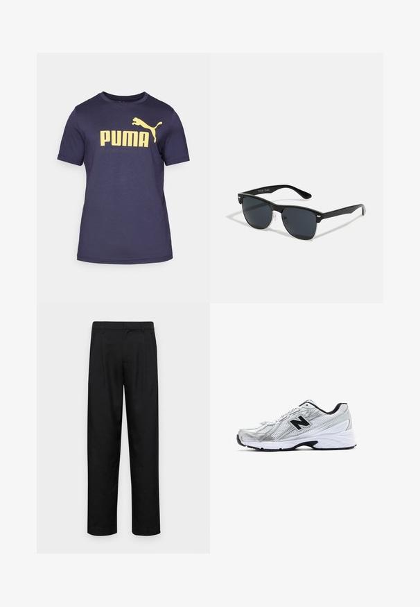 Marineblå bomulds T-shirt med et stort gult "PUMA" logo og en springende puma grafik på den øverste venstre side. Korte ærmer, rund hals.; Sorte bukser lavet af glat stof, med et lige ben-design, to frontfolder og en standard talje med bæltestropper.; Sølv atletisk sko med mesh-materiale, sorte accenter, perforeret design og en polstret hvid sål. Har et fremtrædende 'N' logo.; Sorte solbriller med rektangulær form, mørke linser, sølvdetaljer ved tindingerne og en mat finish på stellet.