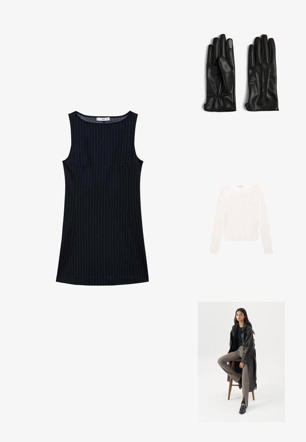 Long-sleeve white top made of soft fabric. Features a rounded neckline and a cropped design. Smooth texture with no visible patterns or accents.; Navy pinstriped sleeveless dress with a straight cut, featuring side pockets and a rounded neckline. Smooth fabric texture.; Black leather trench coat with buttons and belt detail, paired with light brown fitted pants and black loafers, seated on a wooden stool.; Black leather gloves featuring a smooth texture, five-finger design, gathered wrist, and three stitched lines on the back of each hand.