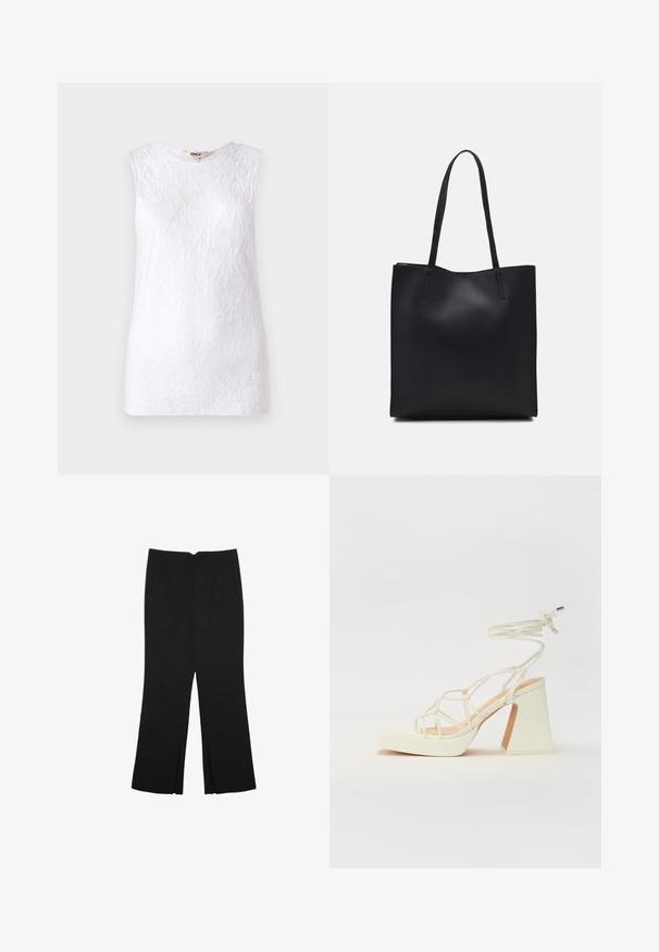 Top bianco senza maniche con un motivo in pizzo floreale testurizzato, caratterizzato da un colletto rotondo e un taglio dritto. Nessun hardware o accentuazione visibile.; Pantaloni neri a gamba dritta, con tasche frontali e spacchi laterali all'orlo. Realizzati in tessuto morbido e liscio. Adatti a diverse occasioni.; Sandalo bianco con tacco alto, caratterizzato da un design a cinturini e un legaccio alla caviglia. Texture liscia con una piattaforma frontale per un'altezza aggiuntiva.; Borsa tote in pelle nera con texture liscia, forma rettangolare e due manici lunghi. Nessun hardware o decorazione visibile.