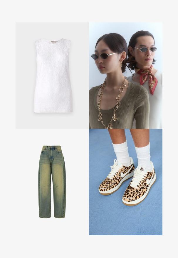 Bílé bezrukávové tričko s texturovaným květinovým krajkovým vzorem, má kulatý výstřih a rovný střih. Žádné viditelné kovové prvky nebo akcenty.; Džínové kalhoty s širokými nohavicemi v světle modré barvě s vybledlým efektem. Obsahují pět kapes a mají vysoký pas. Čistý lem a decentní švy.; Tenisky Nike Air Force 1 s leopardím vzorem, bílé tkaničky a swoosh, s šedou gumovou podrážkou a strukturovaným svrškem. Viditelné bílé ponožky.; Kulaté sluneční brýle s tmavými skly a tenkými stříbrnými obroučkami. Jeden člověk má na sobě zlatý řetízek, zatímco druhý má červený šátek s vzorem.