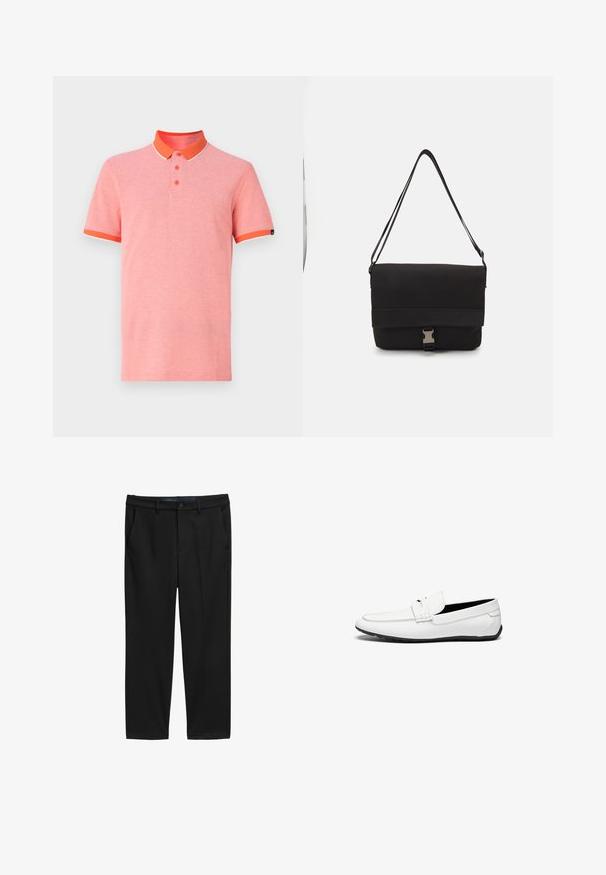 Vaaleanpunainen lyhythihainen polo-paita, jossa on oranssi kaulus ja hihansuut, kolmen napin nappilista ja kontrastivalkoiset yksityiskohdat.; Mustat suorat housut, valmistettu teksturoidusta kankaasta. Varustettu kahdella etutaskulla ja nappikiinnityksellä vyötäröllä.; Valkoiset nahkakengät, joissa on sileä pinta, ommeltu korostus, pyöreä kärki ja musta kumipohja, joka tarjoaa pitoa.; Musta viestintälaukkua, joka on valmistettu sileästä materiaalista. Laatikko sisältää taitettavan kannen, hopeiset soljet ja säädettävän olkahihnan.