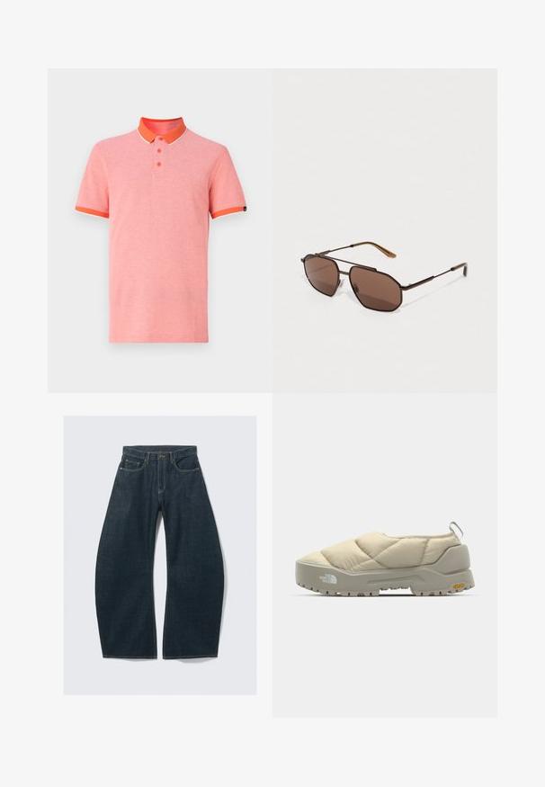 Lühikeste varrukatega polo särk heleses roosas värvuses, millel on oranž kaelus ja mansetid, kolmes nööbiga pealdis ning kontrastsed valged detailid.; Tumesinised laia säärega teksad, tehtud denimist, viie tasku, nähtavate õmbluste, nööpkinnituse ja puhta viimistlusega.; Kvahtud beež liblik king, millel on hall Vibram tald, ümmargune kuju ja tagumine käepide. Külgedel on logo ja tekstuuriga ülemine pind.; Pruunid oktaalsed prillid, õhukese musta metallraami ja pruuni templetega. Tumedad läätsed pakuvad UV-kaitset.