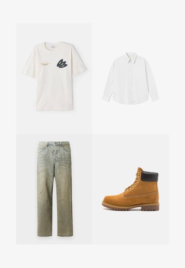 Krēmkrāsas kokvilnas T-krekls ar tumšu vinila ieraksta grafiku un zaļiem akcentiem, kā arī zeltītiem uzrakstiem uz priekšpuses. Īsas piedurknes, apaļa kakla izgriezums.; Balta krekla ar pogām ar klasisko apkakli, garām piedurknēm un noapaļotu apakšmalu; lejas kreisajā stūrī ir neliels oranžs logs.; Izsistās džinsās gaisā zaļā krāsā, ar taisnu kāju, piecu kabatu dizainu un nevienmērīgu izbalēšanu, kā arī krāsas šļakatas.; Brūna zamša potīte ar melnu izšuvumu ap kaklu, zelta metāla acu caurumi, balta šuvju apdare un izturīgs gumijas zole ar izteiktu zīmējumu.