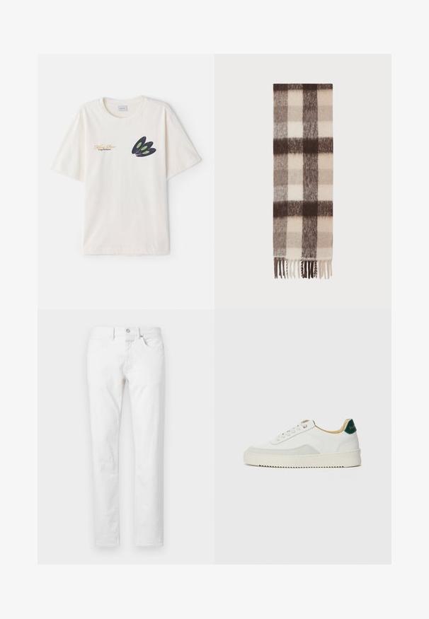 Kreemivärvi puuvillane t-särk, mille esiküljel on tume vinüülelihndi graafika roheliste aktsentidega ja kuldne tekst. Lühikesed varrukad, ümar kaelus.; Valged otsejalad teksad, mis on valmistatud denimist, viie taskuga, nööbi sulgemisega ja klassikalise lõikega, millel on minimaalne tekstuur.; Valged tennisjalanõud, millel on sametised aktsendid, ümar varvas, lame nöörid ja kreemjas kummine põhja. Hästi nähtav roheline bränding kannal.; Villane sall peene, millel on kreemja, beeži ja tumeda pruuni kontrollmustri ning frantsiis servad ja pehme, tekstureeritud viimistlus.