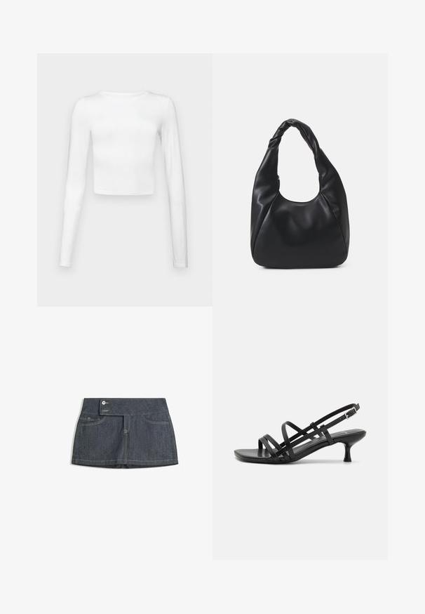 Fehér, hosszú ujjú crop top sima, könnyű anyagból, kerek nyakkivágással és testhez simuló sziluettel. Nincsenek látható minták vagy díszítések.; Sötét farmer szoknya magas derékkal, két elülső zsebbel, gombos záródással és kontrasztos varrással az élek mentén.; Fekete magassarkú szandálok több keresztben átkötött pánttal. Simább anyag, hegyes orr és keskeny sarok. Állítható bokapánt kapcsos rögzítéssel.; Fekete hobo táska sima bőrszerű anyagból, csavarodott füllel, puha, lekerekített formával és felső cipzárral záródik.; Arany fülbevalók sima, fényes felülettel. Kör alakú dizájn, amely kis kapoccsal és átlátszó tartozékkal rendelkezik a biztonságos viselés érdekében.