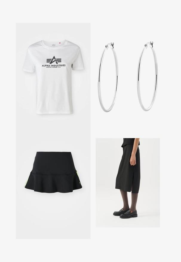 Biela bavlnená tričko s krátkym rukávom, na ktorom je čierne potlačené logo s krídlami a textom "ALPHA INDUSTRIES", okrúhly výstrih a voľný strih.; adidas Originals SKIRT - Minisukňa - black; Čierna sukňa po kolená so bočným rozparkom, skombinovaná s čiernymi mokasínami a priehľadnými hnedými pančuchami, s hladkým materiálom a jednoduchým dizajnom.; Strieborné kruhové náušnice s hladkým, lesklým povrchom a tenkým, kruhovým tvarom. Dizajn obsahuje bezpečné zapínanie.