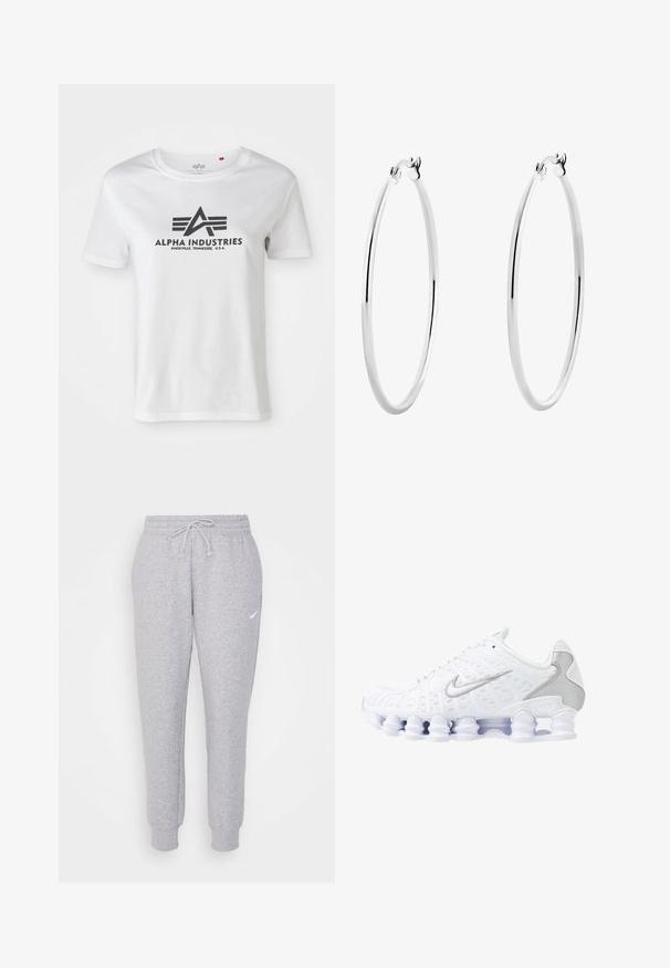 Kurzärmliges weißes Baumwoll-T-Shirt mit einem schwarzen aufgedruckten Logo mit Flügeln und dem Text "ALPHA INDUSTRIES", Rundhalsausschnitt und lockerer Passform.; Hellgraue Sweatpants mit einem Kordelzug in der Taille, schmal zulaufenden Beinen und einem kleinen weißen Logo am linken Oberschenkel. Hergestellt aus einem weichen, strukturierten Stoff.; Weiße Sportschuhe mit einem oberen Teil aus Mesh, silbernen Akzenten und einem einzigartigen Spiralsohlendesign. Verfügt über einen gepolsterten Schaft und eine Schnürung für optimalen Halt.; Silberne Creolen mit einer glatten, polierten Oberfläche und einer dünnen, runden Form. Das Design verfügt über einen sicheren Verschluss.