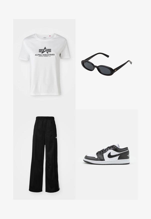 Tricou alb din bumbac cu mâneci scurte, cu un logo imprimat în negru cu aripi și textul „ALPHA INDUSTRIES”, design cu guler rotund și croială relaxată.; Pantaloni sport largi negri cu talie elastică, având dungi albe pe laturi și un logo mic pe șoldul stâng. Textură de țesătură netedă.; Sneakers Nike cu talpă joasă, alb-negru, prezintă un superior din piele netedă, vârf rotund, închidere cu șireturi și o talpă din cauciuc cu model.; Ochelari de soare supradimensionați, cu lentile ovale, cadru din plastic neted și accente aurii pe brațe. Lentilele întunecate oferă protecție solară.