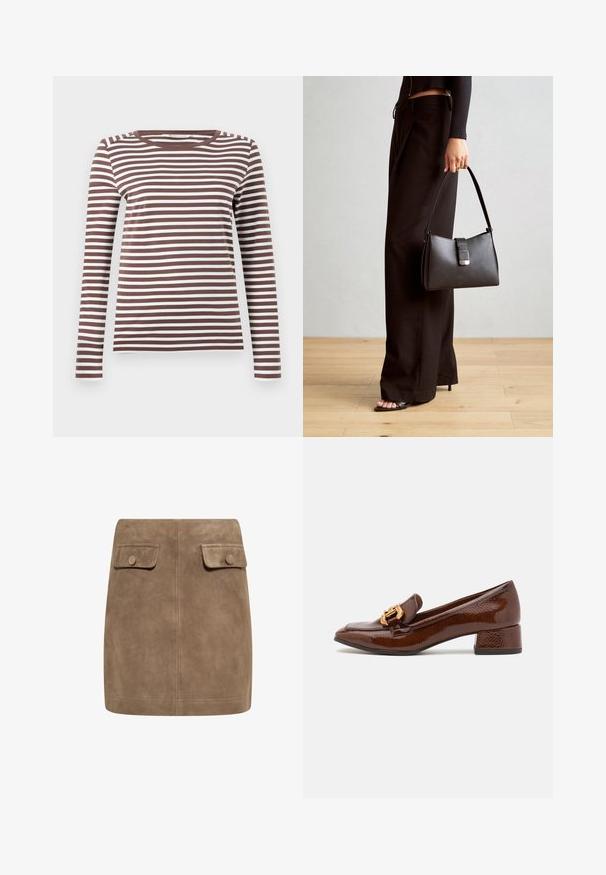 Ruda ir balta dryžuota ilgomis rankovėmis marškinėliai su apvalia iškirpte ir prisitaikančia siluetu. Minkšta medžiaga su lygiu paviršiumi.; Ruda zomšinė mini sijonas su lygiu paviršiumi, turintis dvi priekinės kišenes su atverčiamais dangteliais ir mygtukų užsegimus kiekvienoje pusėje. Paprasta, tiesi konstrukcija.; Rudos odinės loafer'iai su blizgiu paviršiumi, dėlionis auksinis užsegimas priekyje ir žemas blokinis kulnas. Klasikinis dizainas.; Juodas rankinė struktūrizuota forma, lygi tekstūra ir metalinis užsegimas. Suporuota su plačiomis juodomis kelnėmis ir atvirais bateliais ant medinių grindų.