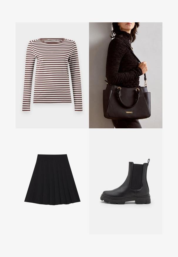 Camisola de manga longa às riscas castanhas e brancas com um decote redondo e uma silhueta ajustada. Tecido suave com uma textura lisa.; Saia preta plissada feita de tecido texturizado com uma faixa na cintura ajustada. Cai até ao joelho, apresentando uma silhueta suave e limpa.; Bota de tornozelo em couro preto com painéis laterais elásticos, bico arredondado e sola de borracha texturizada. Apresenta uma alça na parte traseira para fácil calçar.; Bolsa preta com superfície texturizada, alças superiores duplas e alça de ombro ajustável. Apresenta ferragens em tom dourado e bolsos laterais.