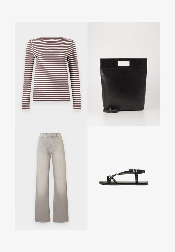 Brown and white striped long-sleeve T-shirt with a round neckline and a fitted silhouette. Soft fabric with a smooth texture.; Gray wide-leg jeans with a faded finish, button closure, five-pocket design, and stitched detailing along the seams.; Black leather sandals with thin straps and a buckled ankle strap. Flat sole with a textured finish and zigzag edge. Minimalist design.; Black leather tote bag with a square handle, featuring a textured finish and embossed logo. Includes a detachable strap.