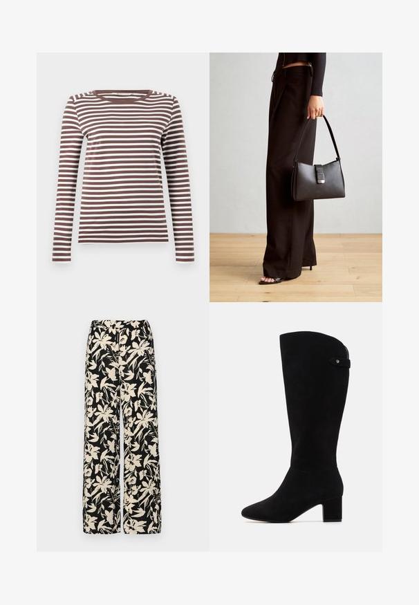 Braun-weiß gestreiftes Langarm-T-Shirt mit rundem Ausschnitt und taillierter Passform. Weicher Stoff mit glatter Textur.; Schwarze weit geschnittene Hose mit einem cremefarbenen Blumenmuster. Hergestellt aus leichtem Stoff, mit einer glatten Textur und einem hohen Bund.; Schwarze Wildleder-Stiefel bis zum Knie mit spitzem Fuß und Blockabsatz. Sie verfügen über eine glatte Textur und ein einfaches Design, ergänzt durch einen seitlichen Riemenakzent.; Schwarze Handtasche mit strukturierter Form, glatter Textur und einem metallischen Verschluss. Kombiniert mit weiten schwarzen Hosen und offenen Sandalen auf einem Holzboden.