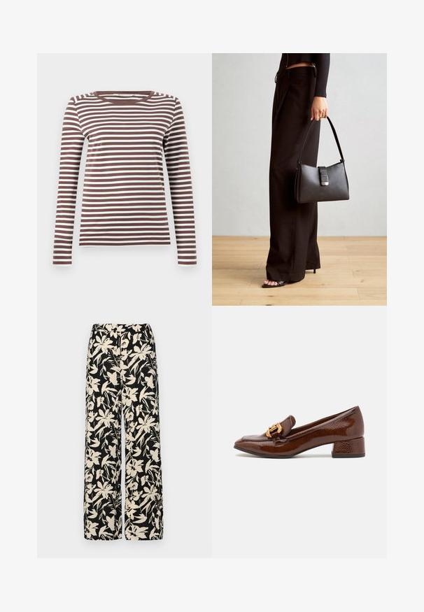 Tamnocrveno i bijelo prugasta dugoračna majica s okruglim izrezom i prilagođenim siluetom. Mekana tkanina s glatkom teksturom.; Crne široke hlače s kremastim cvjetnim uzorkom. Izrađene od lagane tkanine, sa glatkom teksturom i visokim pojasom.; Smeđe kožne mokasine s sjajnom završnom obradom, s ukrasnom zlatnom kopčom sprijeda i niskim blok petama. Klasičan dizajn.; Crna torba s oblikom koji sadrži strukturu, glađu teksturu i metalnu kopču. Uparena s širokim crnim hlačama i sandalama na otvorenom s drvenog poda.