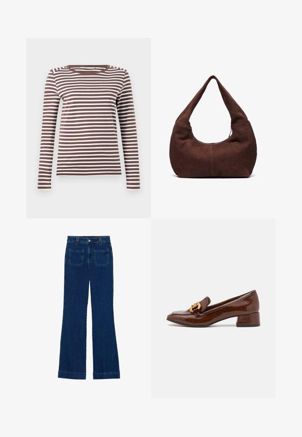 Braun-weiß gestreiftes Langarm-T-Shirt mit rundem Ausschnitt und taillierter Passform. Weicher Stoff mit glatter Textur.; Dunkelblaue Denim-Jeans im Schlagstil mit glatter Textur, Fünf-Taschen-Design und einem Knopfverschluss an der Taille.; Braune Lederloafers mit glänzender Oberfläche, ausgestattet mit einer dekorativen goldenen Schnalle an der Vorderseite und einem niedrigen Blockabsatz. Klassisches Design.; Braune Wildleder-Hobo-Tasche mit einem gebogenen, breiten Griff und einer großen Öffnung. Weiche Textur mit sichtbaren abgesteppten Details entlang der Kanten.