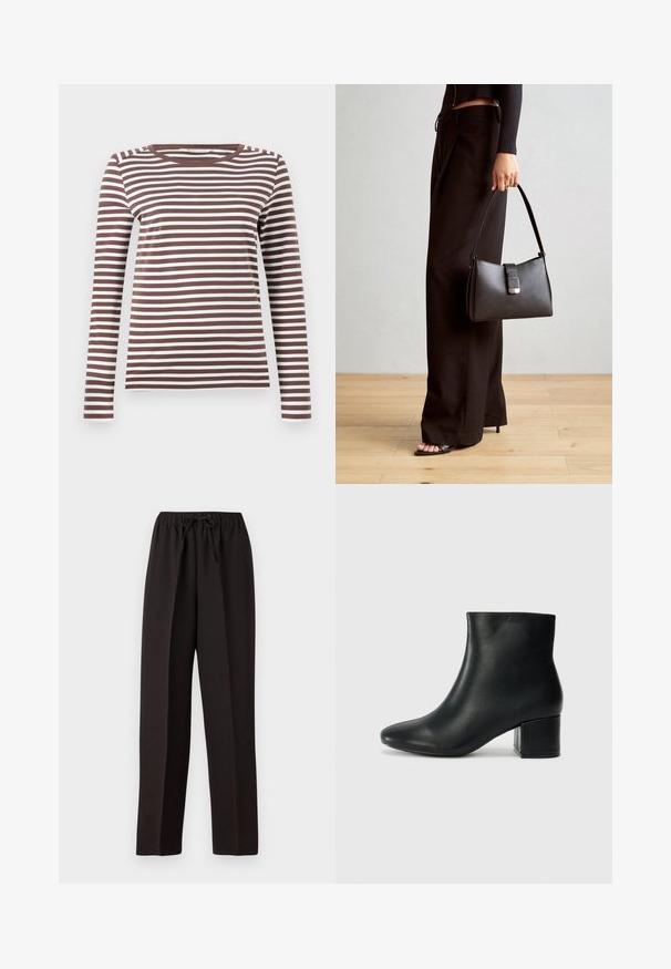 Bruin en wit gestreepte langslijf T-shirt met een ronde hals en een getailleerde snit. Zachte stof met een gladde textuur.; Zwarte, wijde broek met een elastische tailleband en een verstelbaar trekkoord. Gemaakt van een gladde, lichte stof zonder zichtbare patronen.; Zwarte leren enkellaarzen met een spitse neus en een chunky hak. Gladde textuur met minimale accenten en een slank, strakk ontwerp.; Zwarte handtas met gestructureerde vorm, gladde textuur en een metalen sluiting. Gecombineerd met brede zwarte broeken en sandalen met open teen op een houten vloer.