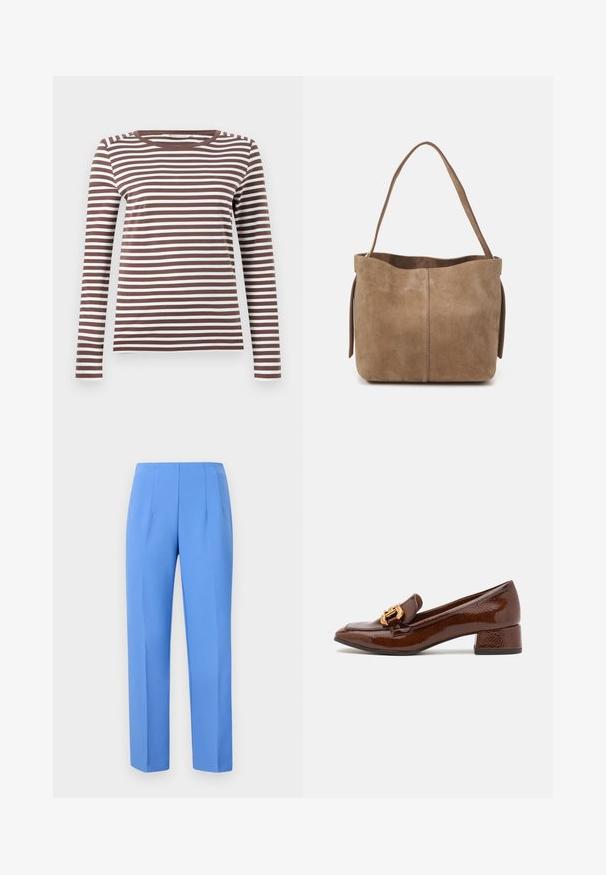 Raitapaitainen ruskea ja valkoinen pitkähiha T-paita, jossa on pyöreä kaula-aukko ja istuva siluetti. Pehmeä kangas, jossa on sileä rakenne.; Siniset räätälöidyt housut valmistettu sileästä kankaasta, joissa on sivutaitteet, suoralinjainen leikkaus ja siisti vyötärö. Ei näkyviä metalliosia tai kuvioita.; Ruske nahkasaapad läikiva viimistlusega, millel on ees dekoratiivne kuldne klamber ja madal plokkkonts. Klassikaline disain.; Ruskea mokkasammalista valmistettu olkalaukku, jossa on pehmeä rakenne, avoin yläosa ja yksi olkahihna. Ominaisuuksiin kuuluu sileä pinta ja minimaalinen yksityiskohtaisuus.