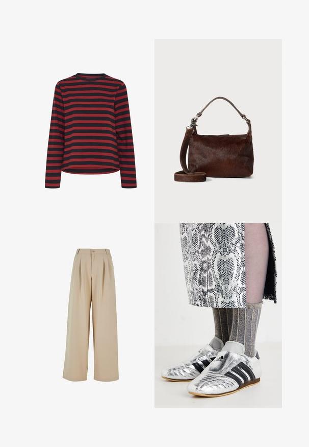 Langsleeve shirt in zwart en rode strepen, ronde halslijn, van katoen, ontspannen pasvorm, met een rechte zoom en zijnaad.; Beige wijde broek met geplooide voorkant, knoopsluiting en een gladde textuur. Kenmerkt zich door een op maat gemaakte tailleband en zijzakken.; Zilveren voetbalschoenen met zwarte strepen en een strakke uitstraling, gecombineerd met gestructureerde grijze en gouden geribbelde sokken en een gestreepte rok.; Bruine lederen handtas met een zachte, textuurachtige vachtachtige buitenkant, slank ontwerp, een korte handgreep en een afneembare schouderriem.