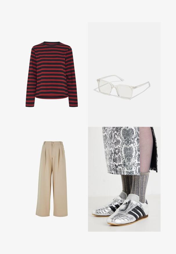Langarmshirt in Schwarz und roten Streifen, runder Halsausschnitt, Baumwollstoff, lockere Passform, mit geradem Saum und Seitennähten.; Beige weit geschnittene Hosen mit gefaltetem Vorderteil, Knopfverschluss und glatter Textur. Verfügt über einen taillierten Bund und seitliche Taschen.; Silberne Fußballschuhe mit schwarzen Streifen und einem eleganten Design, kombiniert mit strukturierten grauen und goldenen gerippten Socken sowie einem gemusterten Rock.; Klare, quadratische Kunststoffbrillen mit durchsichtigen Gläsern, die goldene Akzente an den Bügeln für zusätzliche Details aufweisen.; Braune Handtasche aus Leder mit einer weichen, strukturierten, fellartigen Außenseite, schlankem Design, einem kurzen Griff und einem abnehmbaren Schultergurt.