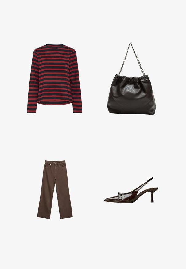 Majica s dolgimi rokavi v črno-rdečih črtah, okroglim izrezom, iz bombažne tkanine, ohlapnega kroja, z ravnim robom in stranskimi šivi.; Široke rjave kavbojke iz denima, ki imajo visok pas, sprednje žepe in klasično zapiranje na gumb. Gladka tekstura s subtilnim šivom.; Rjave lakirane slingback čevlje z oglatim nosom, nizko peto in dekorativno pentljo na sprednji strani. Gladka, sijoča tekstura.; Rjava usnjena torba z nabranim vrhom in verižnim trakom. Gladka tekstura z sijajno površino in subtilnimi šivi na straneh.