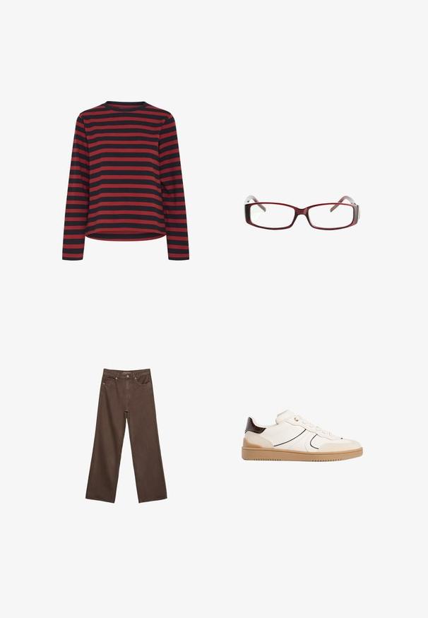 Dlhý rukáv, čierna a červená pruhovaná košeľa, okrúhly výstrih, bavlnený materiál, uvoľnený strih, s rovnom okrajom a bočnými švami.; Džínsy s širokými nohavicami v hnedej farbe, vyrobené z denimu, so zvýšeným pásom, prednými vreckami a klasickým zapínaním na gombík. Hladká textúra s jemným prešívaním.; Stradivarius Tenisky - white; Červené obdĺžnikové dioptrické okuliare s elegantným dizajnom. Priehľadné šošovky, mierne priesvitné rámiky a prechodový efekt od červenej po šedú.