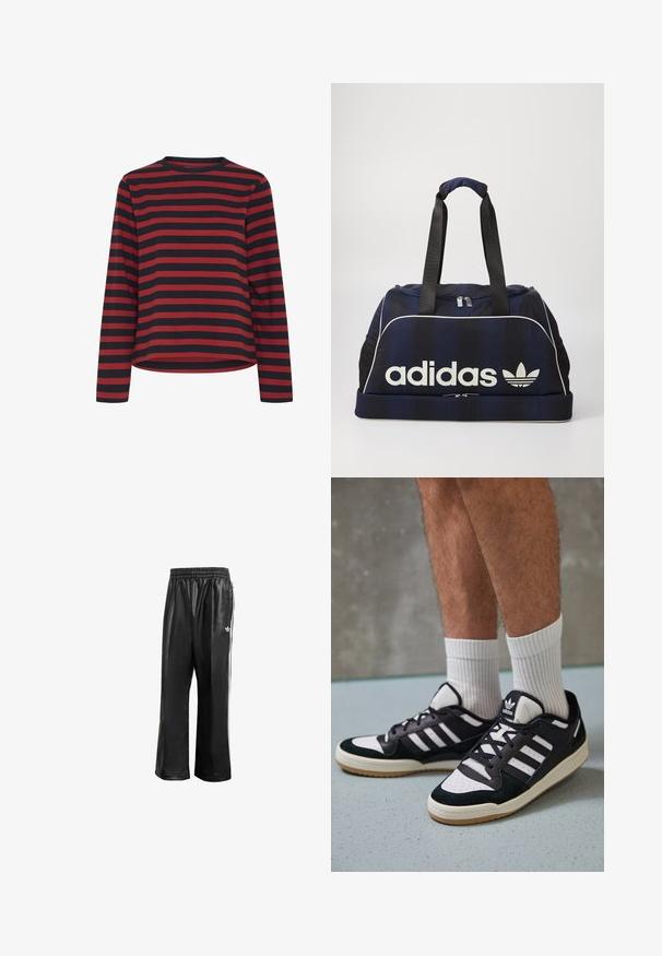 Majica dugih rukava u crno-crvenim prugama, okrugli izrez, pamučni materijal, ležeran kroj, s ravnim rubom i bočnim šavovima.; Crne sintetičke trenirke s elastičnom waistbandom, sa bijelim bočnim prugama i malim bijelim logoom na lijevom kuku.; Crne i bijele tenisice s gornjim dijelom od antilopa i kože, s tri bijele pruge, perforiranim prstom i gumiranim potplatom.; Mornarska torba s bijelim Adidas logotipom, sa zatvaračem na vrhu, dva čvrsta crna ručka i bočnim mrežastim džepovima. Glatka tekstura tkanine.
