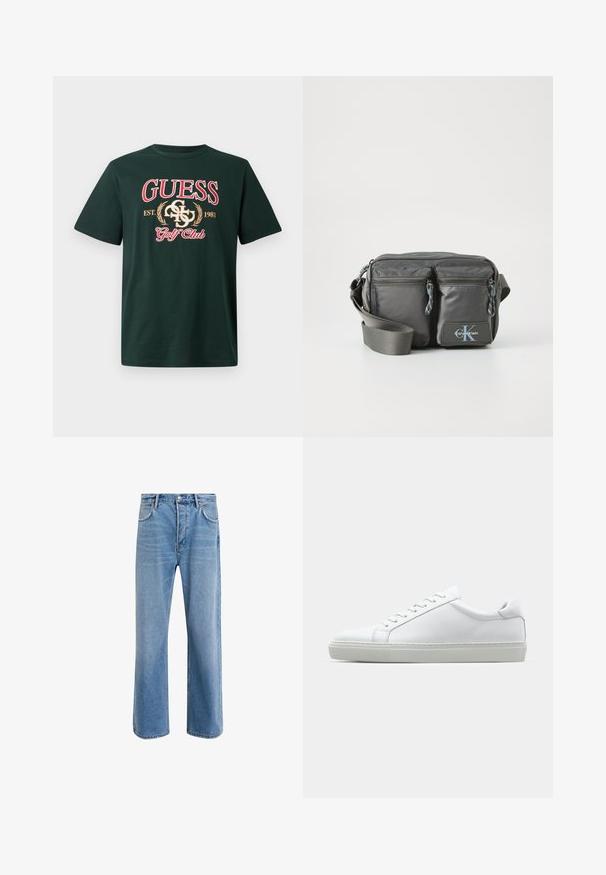 Grønn bomull t-skjorte med "GUESS" i fet rød skrift, broderte logoelementer og teksten "Golf Club". Kort ermer og rund hals.; Lys blå denimjeans med rett ben-design, fem lommer, knappeåpning, minimal falming og kontrasterende sømdetaljer.; Hvit sneakers med en glatt skinnoverdel og lav profil. Har en rund tå, seks snøring hull, og en teksturert gummisåle.; Grå nylon crossover-veske med to glidelåslommer foran, justerbar stropp og logoaccent. Glatt tekstur med et moderne design.