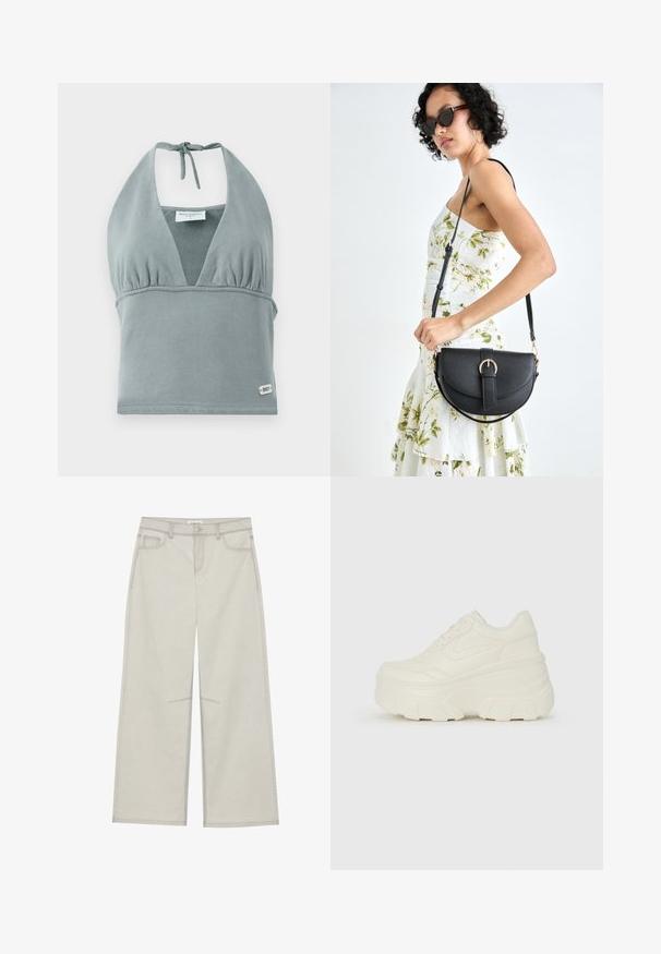 Köitkeelne lühike topp mahedas hallis värvitoonis, pehmest kangast, millel on volditud rinnus, silmadega detailid ning väike logo silt hemus.; Heledad hall-gajused püksid, viie taskuga, ette nööpidega kinnitamine ja kontrastne õmblus. Kangas paistab pehme ja vastupidav.; Valged platvormi tõusukingad, millel on siledast nahast meenutav pealis, ümar kuju, pehmendatud kaelus ja tekstureeritud kummitald koos selgete hüdrofoobsete mustritega.; Mustmust mustraha kõverate joontega, eemaldatava rihmaga ja kuldsete detailidega. Kotil on klapp, millel on pandladetail.