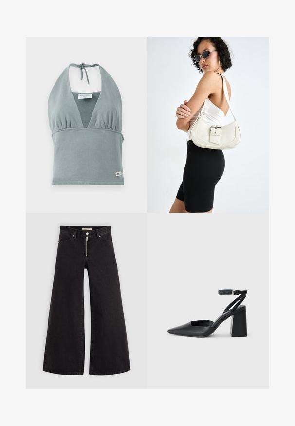 Halter neck crop top in muted gray, made of soft fabric, featuring a gathered bust, mesh detailing, and a small logo tag at the hem.; Wide-leg jeans in black denim with a zippered front, five-pocket design, and subtle stitching details. Smooth texture and casual style.; Black leather pointy-toe pump with an ankle strap and a chunky heel. Flat texture, sleek design, and minimalistic aesthetics.; White leather handbag with a curved shape, adjustable strap, and a small buckle detail. Model wears a fitted black outfit.