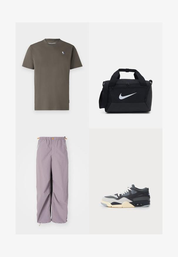 T-shirt in cotone verde oliva con collo rotondo, maniche corte e un piccolo uccello blu e bianco ricamato sul petto.; Pantaloni windbreaker di un morbido viola chiaro con vita elasticizzata, cerniere laterali e orli con coulisse; realizzati in materiale leggero e resistente all'acqua.; Sneaker con tomaia in materiali misti grigia e blu navy, suola ammortizzata, lacci bianchi e un logo blu accentato sul tallone.; Borsa duffel nera con tessuto liscio, scomparti a doppia zip, manici imbottiti e un grande logo Nike bianco sulla parte anteriore.