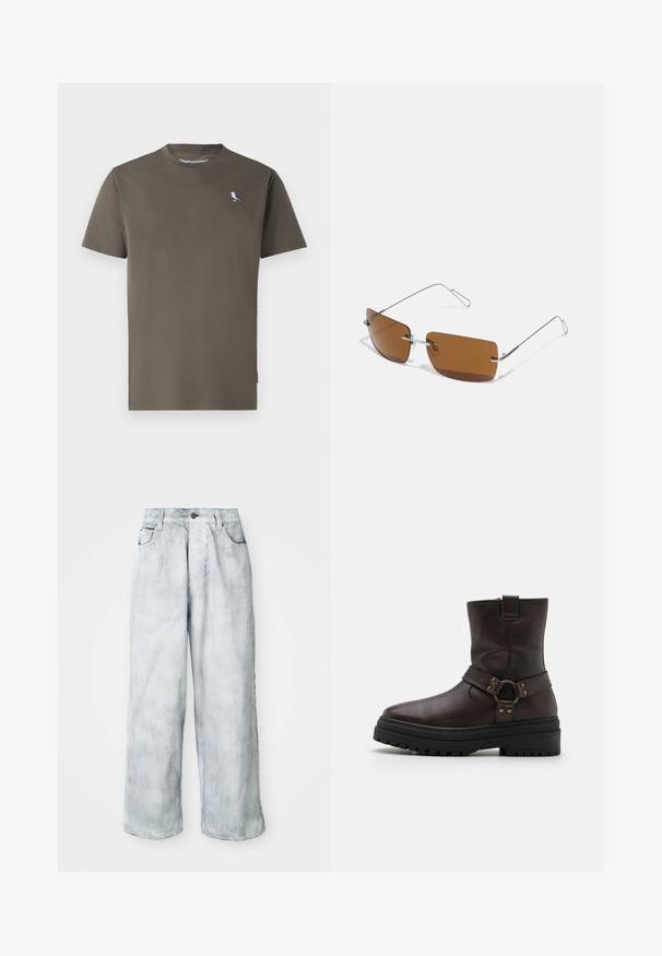 Tamsiai žalia medvilninė marškinėlių su apvalia kaklo iškirpte, trumpomis rankovėmis, ir maža mėlyna bei balta paukščio siuvinėta emblema ant krūtinės.; Šviesiai mėlynos plačios džinsinės kelnės su aukštu liemeniu, priekyje sutvirtinimu su mygtuku ir užtrauktuku, diržo kilputėmis bei priekinėmis ir galinėmis kišenėmis.; Ruda odinė kulkšnė batai su kvadratiniu pirštu, sagties akcentais ir storu juodu padu. Yra šoninis užtrauktukas ir tekstūruotas paviršius.; Rudi stačiakampiai saulės akiniai su plonais sidabro vielos rėmeliais ir nosies priemonėmis. Lęšiai plokšti ir šiek tiek tonuoti.