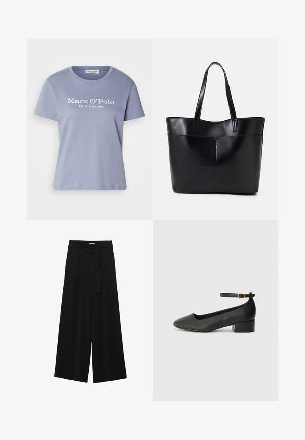 Světle modré tričko s krátkým rukávem vyrobené z bavlny, na přední straně s bílým logem "Marc O'Polo EST. IN STOCKHOLM".; Černé kalhoty s širokými nohavicemi, vyrobené z texturované tkaniny, s elastickým pasem a odnímatelným páskem na úpravu velikosti.; Černé kožené lodičky s špičatou špičkou a nízkým blokovým podpatkem. Obsahují pásek kolem kotníku se zlatou sponou. Hladký povrch.; Černá kožená taška s dlouhými ušima, hladkým povrchem a strukturovaným tvarem. Obsahuje přední kapsu pro další úložný prostor.