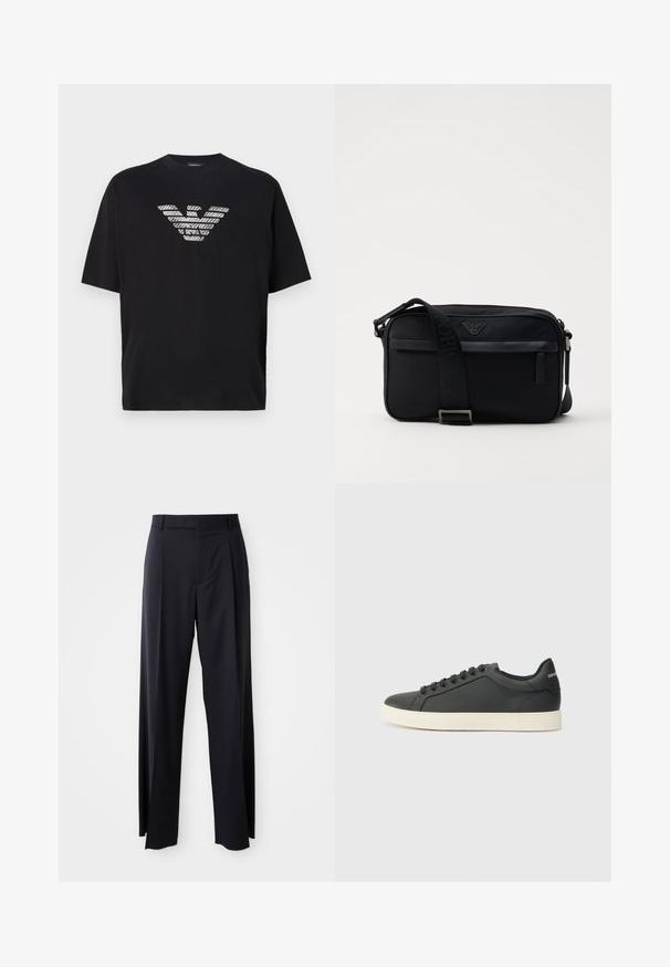 T-shirt de algodão preto com um logo texturizado em riscas brancas no peito. Mangas curtas e decote redondo. Forma simples e descontraída.; Calças pretas de cintura alta, com corte amplo, feitas de um tecido suave. Apresentam pregas frontais e passadores para cinto. Design minimalista, sem hardware visível.; Sapatilha de couro preto com perfil baixo, bico arredondado e fecho de atacadores; apresenta uma sola de borracha texturizada e detalhe do logotipo no calcanhar.; Carteira de ombro em nylon preto com uma alça contrastante, formato retangular elegante, detalhe do logótipo e um bolso com fecho na parte da frente.