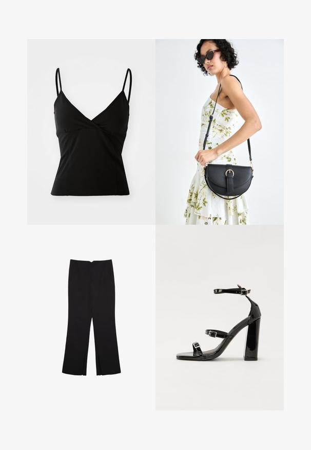 Camisole nera con spalline sottili, design a V, forma aderente e texture del tessuto liscia, che offre uno stile classico e versatile.; Pantaloni neri a gamba dritta, con tasche frontali e spacchi laterali all'orlo. Realizzati in tessuto morbido e liscio. Adatti a diverse occasioni.; Sandali con tacco in vernice nera, con punta squadrata, cinturini alla caviglia e fibbie in argento. Presentano un tacco a blocco spesso per maggiore stabilità.; Borsa a tracolla nera in pelle con una forma curva, manico rimovibile e accessori dorati. La borsa presenta una patta con un dettaglio a fibbia.