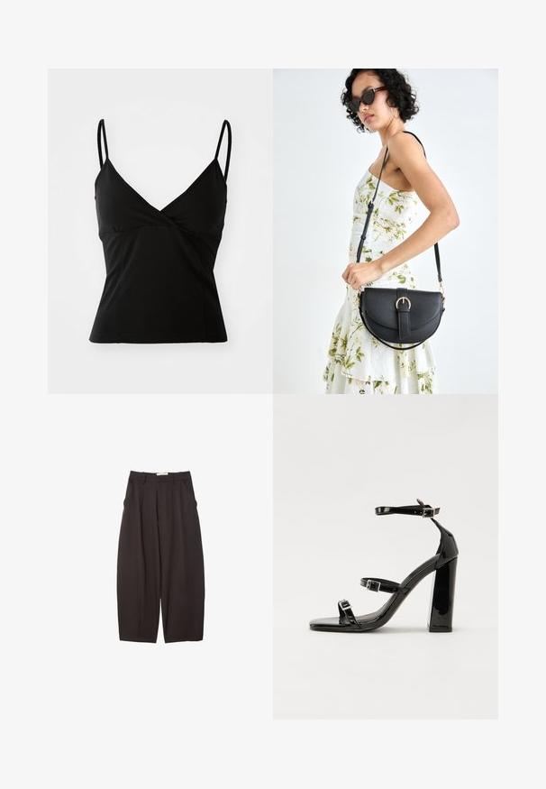 Camisole noire à fines bretelles, design en V, forme ajustée et texture de tissu lisse, offrant un style classique et polyvalent.; Pantalons larges noirs en tissu lisse, avec une taille haute, des plis avant et des poches latérales. Design simple sans embellissements.; Sandales à talons hauts en cuir verni noir avec deux brides à boucles, bout carré et talon bloc épais, présentant une texture lisse et brillante.; Sac à main en cuir noir avec une forme courbée, bandoulière amovible et des accessoires en or. Le sac est doté d'un rabat avec un détail de boucle.