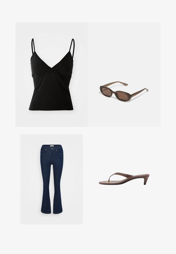 Black camisole with thin straps, V-neck design, fitted shape, and smooth fabric texture, offering a classic and versatile style.; Dark blue denim flared jeans with a classic five-pocket design, metal button closure, and stitching accents on the pockets.; Brown heeled flip-flop sandal with a slender strap and rounded toe post, featuring a small gold accent on the footbed.; Brown oval sunglasses with dark lenses. Frame has a transparent brown material and features a logo printed on the temples.; Black leather handbag with a smooth texture, rounded shape, gold hardware accents, and dual handles. Features a decorative lock on the side.